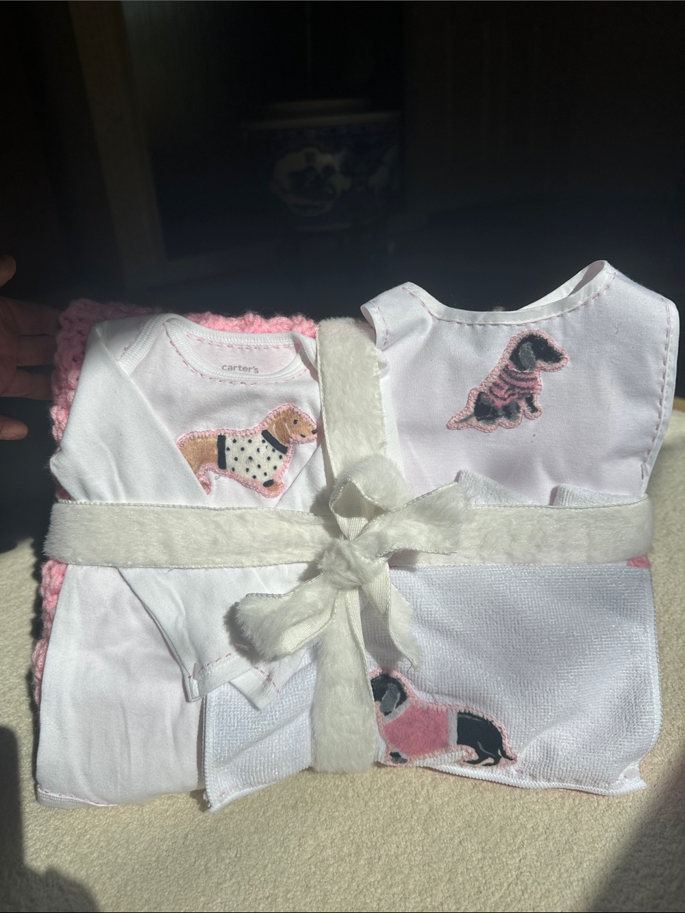 Hand Made Carter's White Long-Sleeve Bodysuit with Pink-Trim Dachshund Patch